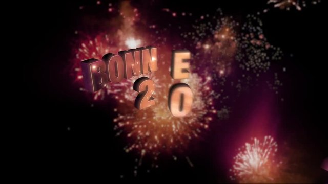 Seamless looping fireworks with the 3d animated text &ldquo;Bonne Ann&eacute;e 2025&rdquo; in 4K resolution