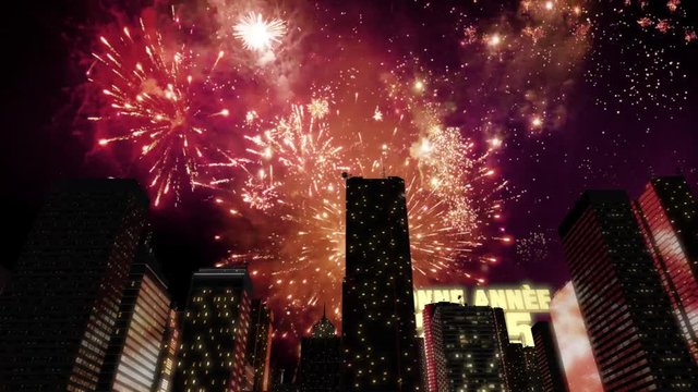 Seamless looping 3d animated skyline with fireworks in the sky and the 3d text &ldquo;Bonne Ann&eacute;e 2025&rdquo; in 4K resolution