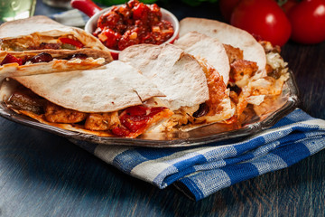 Mexican Quesadilla with chicken, sausage chorizo and red pepper