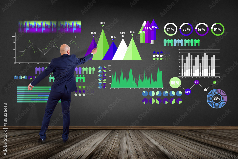 Poster businessman in front of a wall with a business interface with chart graph and stats - business and f