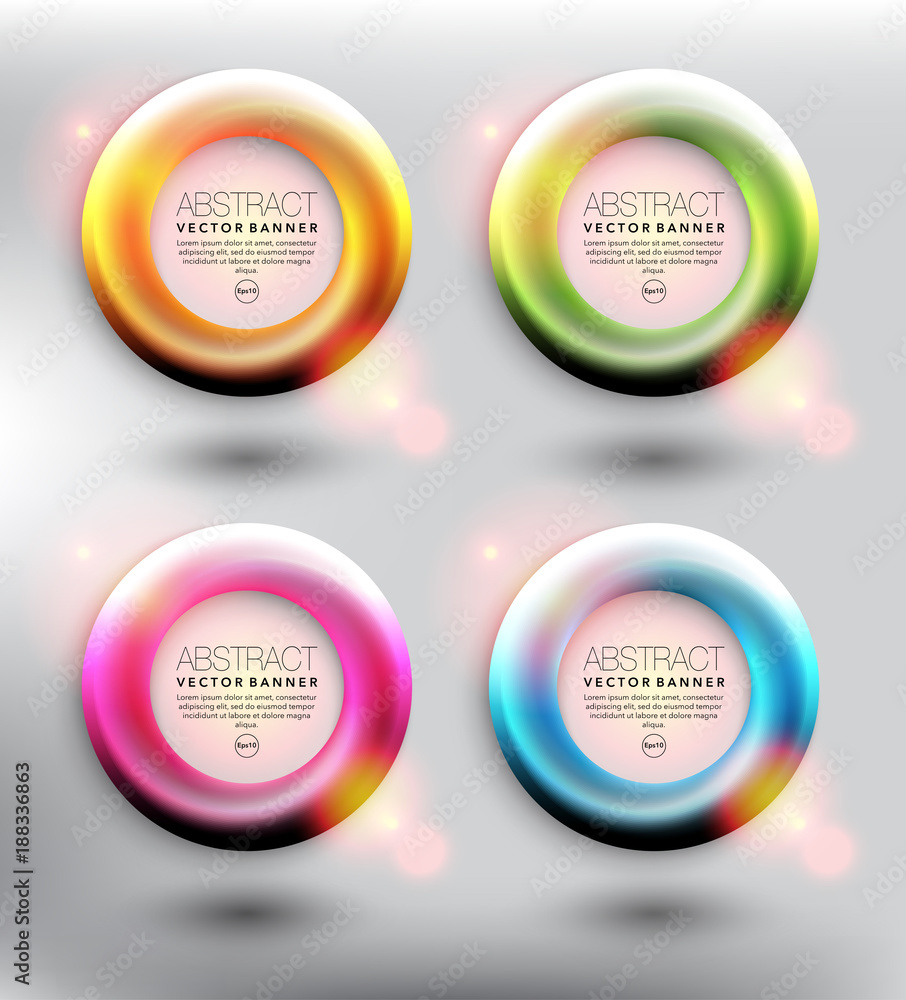 Wall mural abstract vector banner set of 4. round banners in 4 different colors. frames with shiny lights. isol