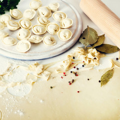 Traditional russian pelmeni, ravioli, dumplings with meat on white concrete background. Parsley, quail eggs, pepper, rosemary, bay leaf and spices. Top view. Copy space