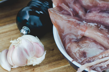 Very fresh raw squid in the kitchen.