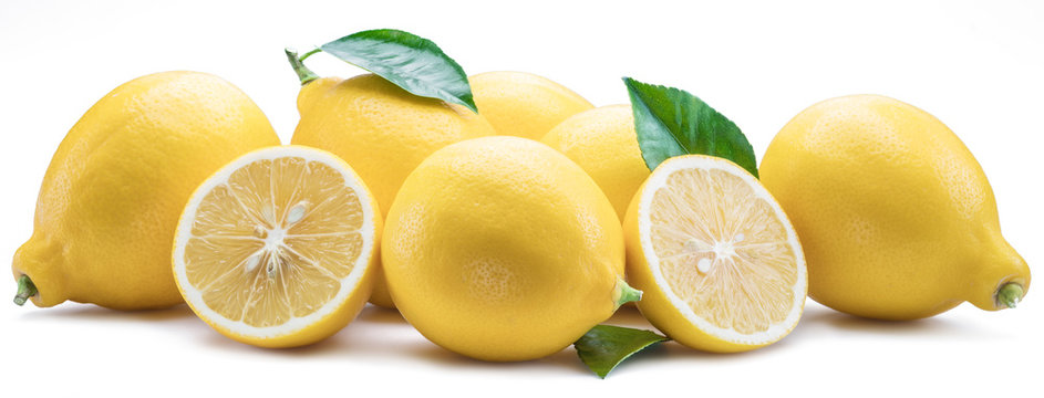 Group of lemon fruits with lemon leaves on the white background.