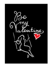 Greeting card Valentine's Day. An image of a girl on a swing and a hand-written inscription of a happy Valentine's Day