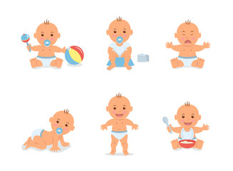 Cartoon set with cute little babies in diaper. Happy toddler plays with toy, child learning to walk, baby crying, child sits on potty, toddler crawling on the floor. Vector illustration in flat style.