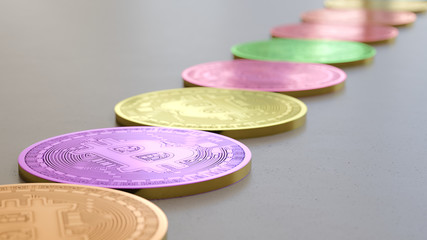 Line of Vibrantly Colored Bitcoins on Simple Light Grey Surface