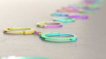 Fototapeta na wymiar Line of Vibrantly Colored Handcuffss on Simple Light Grey Surface