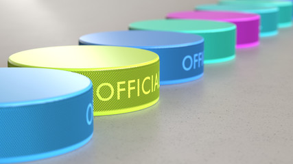 Line of Vibrantly Colored Hockey Pucks on Simple Light Grey Surface