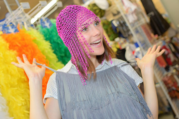 Woman trying on flapper costume