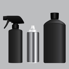 Black foggy spray, aerosol container and bottle