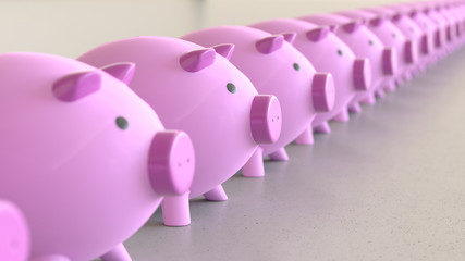 Linear Array of Pink Piggybanks on a Light Gray Surface