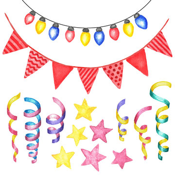 New Year, birthday party celebration set. Watercolor light bulbs, flags, spiral ribbons and stars