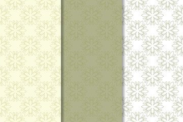 Set of  olive green floral backgrounds. Seamless patterns