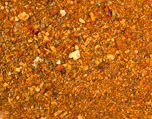 Texture background. Yellow spice mix for meat  . Spices consist paprika onion garlic coriander...