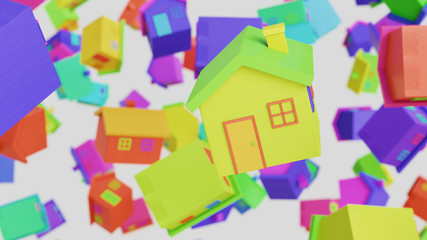 Variously Colored Toy Wooden Houses Floating in an Empty Space