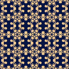 Golden floral element on dark blue background. Seamless pattern