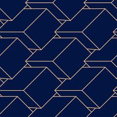 Golden geometric ornament on blue background. Seamless pattern
