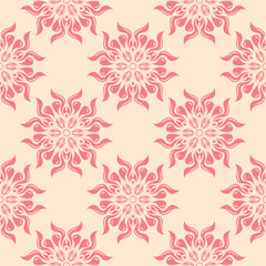 Red flowers on beige background. Ornamental seamless pattern