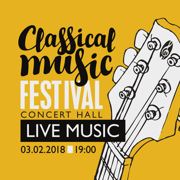 Vector banner for a festival live music with the inscription Classical music and neck of the guitar in retro style