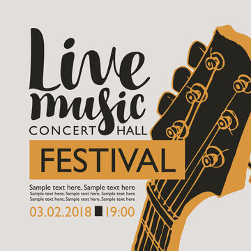 Vector banner for a music festival with the inscription Live music, neck of the guitar and place for text in retro style