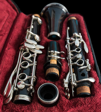 Disassembled clarinet in its case
