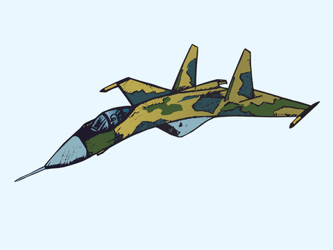 Military airplane Su in camouflage colors, hand drawn doodle sketch, isolated vector color illustration