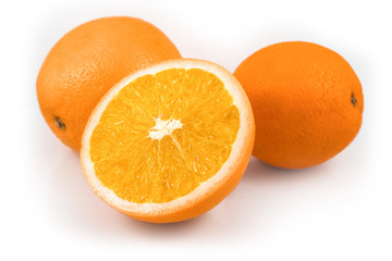 Whole orange fruits and orange fruit slices isolated on white background cutout