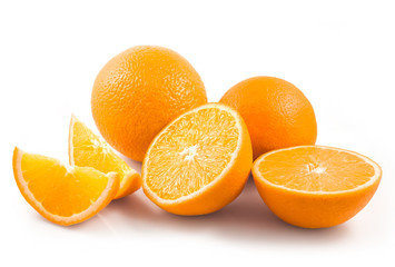Whole orange fruits and orange fruit slices isolated on white background cutout