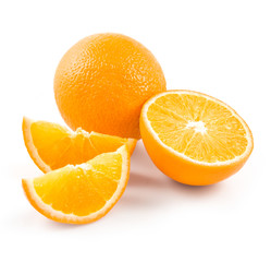 Whole orange fruits and orange fruit slices isolated on white background cutout
