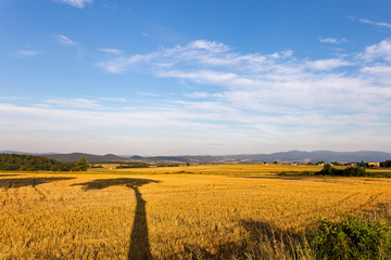 View of a field at sunset in a mountainous region.