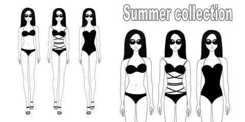 Fashion illustration. Beautiful young girl in a swimsuit, sunglasses. Fashion show. Summer collection. The body of a young woman. Model. Swimwear. Sketch of a woman's body. The walking girl. Eps 10
