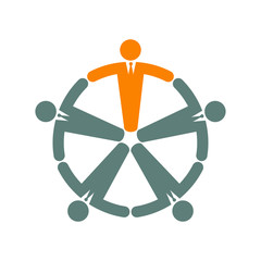 Icono plano hombres en corro naranja y gris en fondo blanco