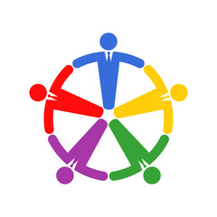 Icono plano hombres en corro varios colores en fondo blanco