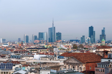 Fototapeta na wymiar Panoramic view of Milan business district from the observation deck Duomo di Milano.