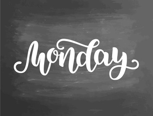 Monday. Handwriting font by calligraphy. Vector illustration isolated on white background. EPS 10. Brush ink black lettering. Day of Week