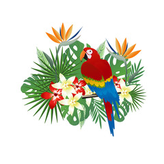 Tropical background with parrot and tropical leaves. Summer vector illustration design. Floral background. Exotic background poster