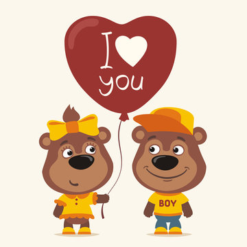 I love you! Funny bear girl gives balloon heart for bear boy. Greeting card for Valentine's Day.