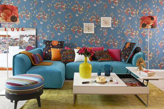 Modern corner sofa interior pillow style colorful wallpaper © UnitedPhotoStudio