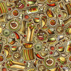 Cartoon cute hand drawn Mexican food seamless pattern.