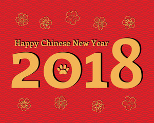 2018 Chinese New Year greeting card, banner with numbers with dog paw print, flowers, typography. Isolated objects. Vector illustration. Festive design elements.