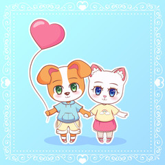 Sweet Little cute kawaii anime cartoon Puppy cat kitten dog boy and girl with pink balloon in the shape of a heart. Card for Valentine Day. Love and friendship Children character