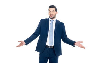 smiling businessman with shrug gesture, isolated on white