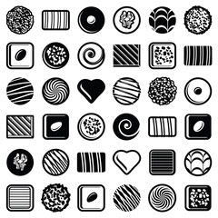 Chocolate pralines candies icon collection - vector outline illustration and silhouette