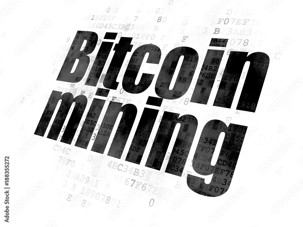 Aufkleber blockchain concept: pixelated black text bitcoin mining on digital background