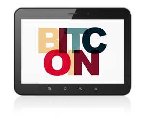 Cryptocurrency concept: Tablet Computer with Painted multicolor text Bitcoin on display, 3D rendering