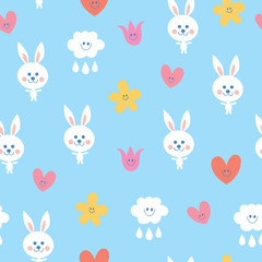 baby bunnies flowers clouds hearts sky seamless pattern