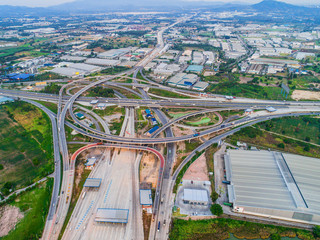aerial view of express way intersection on industrial estate area for logistics and transportation services from source to destination, Laem Chabang port, Thailand