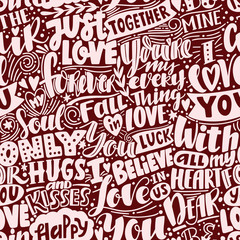 Love pattern. Seamless pattern with phrases and words about love. Can be used for wedding or Valentine's day decoration