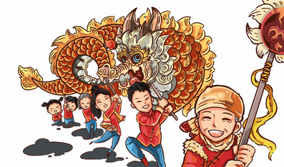 Happy family dragon dance